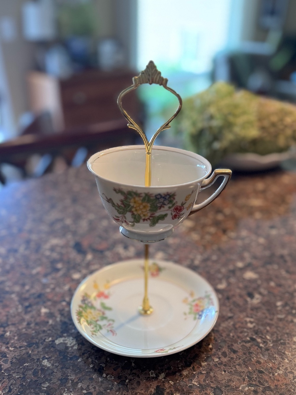 Vintage Floral White and Gold Teacup Tiered Stand
